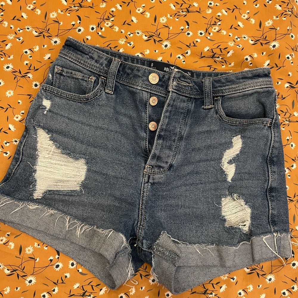 Hollister Denim Blue Distressed Women Shorts